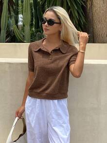 Livesso Women's Spring/Summer Brown Knit Loose Casual Polo Shirt With Collar And Short Sleeves - Khaki - View 4