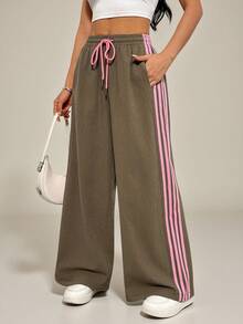 SHEIN PETITE Women's Gray Casual Loose-Fit Athletic Pants With Side Stripes And Elastic Waistband-A Fun Autumn,Petite Women Gym - Brown - View 9