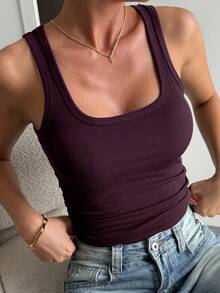DAZY Top de tirantes anchos con cuello cuadrado, ajustado, de color púrpura sólido, de punto acanalado de algodón puro, corto para mujer - Burdeos - Ver 5