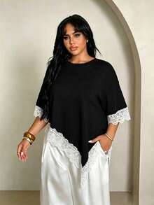 Rustia Plus Size Women's Lace Patchwork Asymmetrical Hem Round Neck T-Shirt - Black - View 4