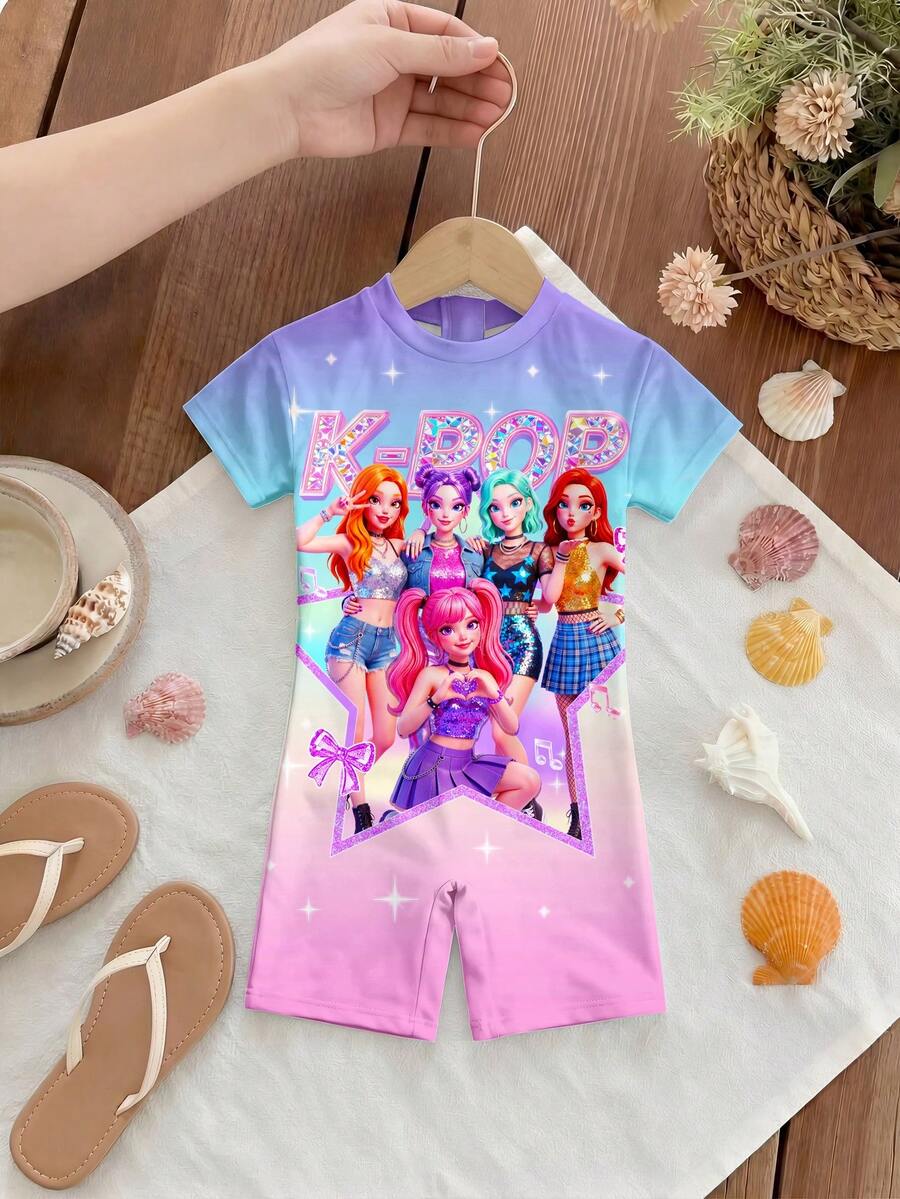 Young Girl Round Neck Letter Cartoon Print Short Sleeve One-Piece Swimsuit, Suitable For Summer Vacation Beach - Multicolor - View 1