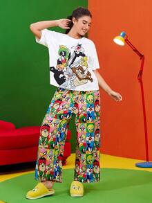 LOONEY TUNES X SHEIN 大码夏季休闲卡通图案圆领短袖T恤和短裤睡衣套装 - 白色 - 查看 5