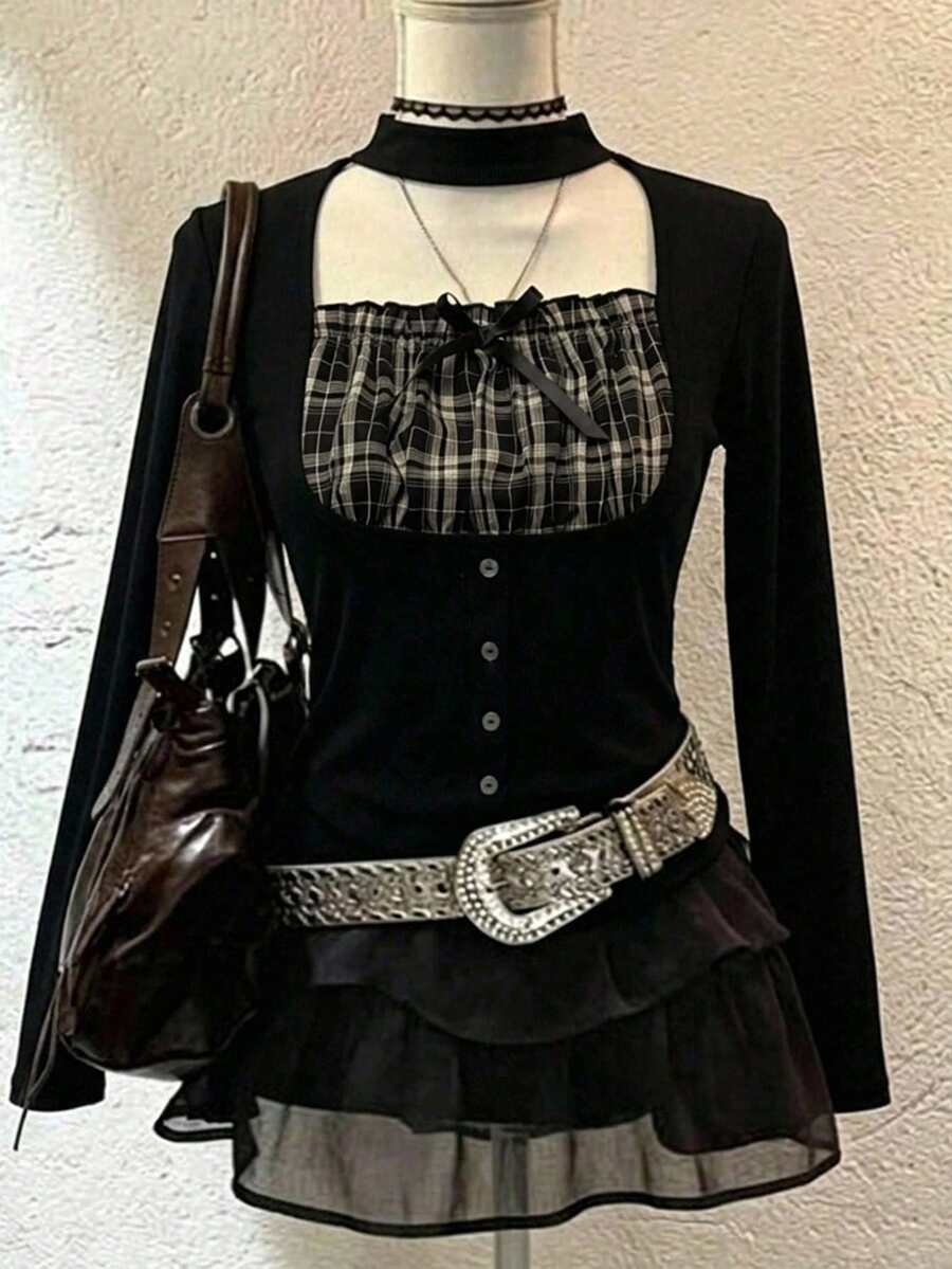 FRIFUL Women's Halter Neck Plaid Fabric Patchwork Puff Short Sleeve Fitted Waist Button Decor Sweet Spicy Style Summer T-Shirt Cute Top - Black - View 1