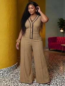 Veslaya Plus Size Women's V-Neck Button Half-Placket Wide Leg Casual Elegant Jumpsuit Office Khaki Summer - Khaki - View 2