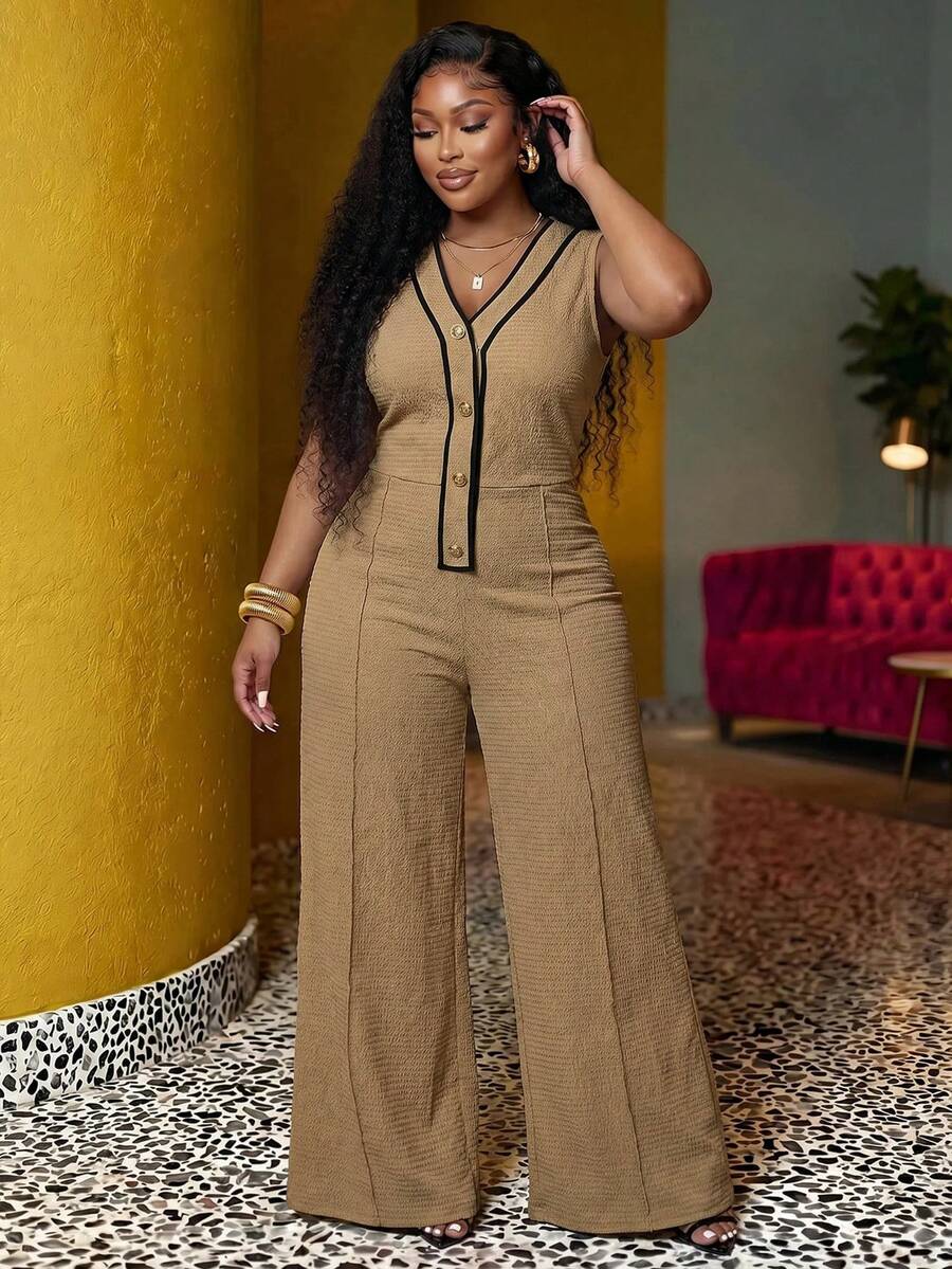 Veslaya Plus Size Women's V-Neck Button Half-Placket Wide Leg Casual Elegant Jumpsuit Office Khaki Summer