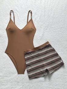 Soleia Plus Size Women's Solid Color One-Piece Camisole Swimwear With Striped Shorts Set Bathing Suit For Women - Brown - View 4
