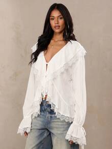 SHEIN BAE Women's Solid Color Ruffle Front Tie Contrast Lace Fashion Shirt - White - View 7
