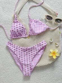 Swim Mod 女款甜美粉色圓點印花比基尼套裝 - 彩色 - 查看 4
