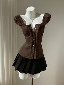 Elamini Spring/Summer Minimalist Minimalist Sexy Sweet Fresh Ruffle Trim Off-The-Shoulder Puff Sleeve Blouse For Women - Coffee Brown - View 5