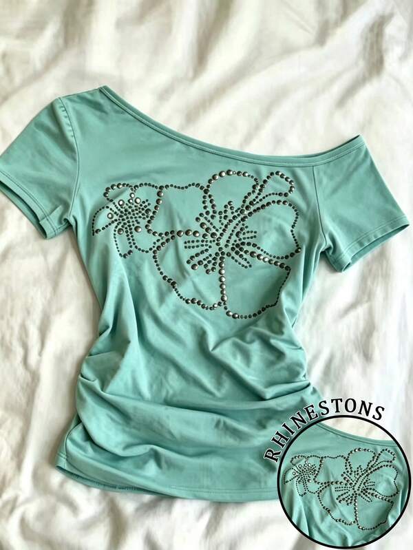 Attitoon Women's Fashion Rivet & Floral Pattern Asymmetrical Shoulder Tight Short Sleeve T-Shirt, Summer