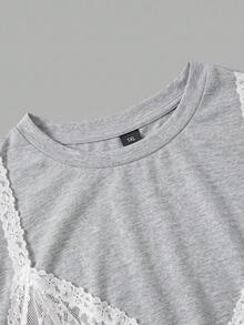 SHEIN MOD 大尺碼女款圓領短袖蕾絲拼接 2 合 1 時尚優雅洋裝，適合下午茶、茶會、約會之夜，灰色與白色，夏季款 - 彩色 - 查看 3