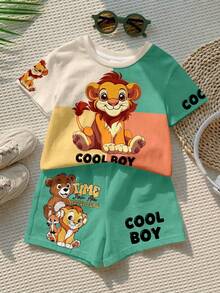 Baby Boy Casual Minimalist T-Shirt Set Suitable For Summer, Classic Color Block Patchwork Pattern Print, Cartoon Lion Pattern Print, COOL BOY - White - View 4