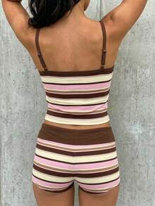 SHEIN EZwear Summer Colorblock Striped Camisole And Shorts Set - Multicolor - View 2