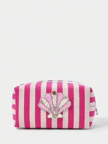 SHECARRY 女士時尚粉白條紋貝殼刺繡化妝包，水鑽裝飾帆布收納袋，便攜美妝包 - 玫粉 - 查看 2