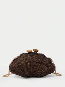 SHECARRY 女士手工編織貝殼藤編包，夏季海灘棕色手拿包，吸睛造型，輕量百搭，適合度假、海灘、波希米亞風 - 咖啡 - 查看 6