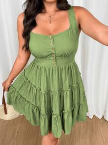 Vionelle Pastoral Fresh Ditsy Floral Spaghetti Strap A-Line Dress - Green - View 8