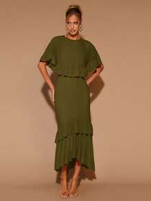 COSMINA Women's Elegant Ruffle Short Sleeve Round Neck Long Dress For All Seasons, Valentine's Day, Date, Party - Army Green - View 4