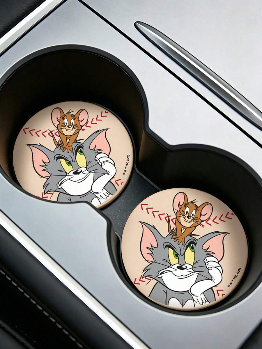 TOM & JERRY X SHEIN 經典卡通貓鼠印花 PU 皮革汽車杯墊，防震通用杯架墊，時尚飲品杯墊，適用於汽車、居家與辦公室 - A - 查看 1