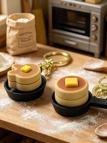 MINKOJA 1pc Realistic Miniature Pancake Keychain Fluffy With Frying Pan Base Golden Syrup Cream Butter Accent Decorative Food Charm Novelty Keyring For Backpack Purse Car Keys - Multicolor - View 7