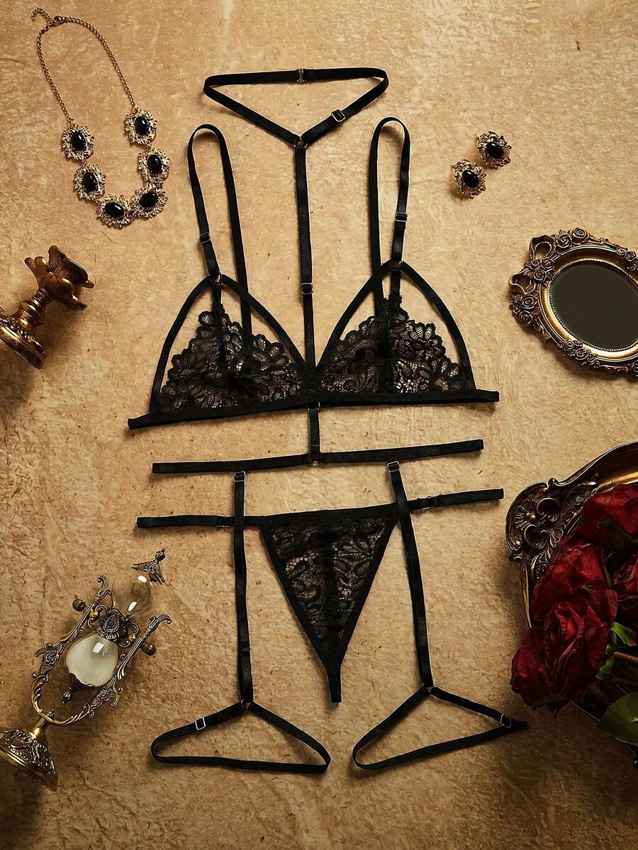 PinupPomp Floral Lace Harness Garter Lingerie Set - Black - View 1