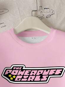 THE POWERPUFF GIRLS X SHEIN 青少年女孩休闲日常通勤可爱拼色花朵、泡泡、毛茛图案插肩宽松羊毛运动衫，秋冬 - 白色 - 查看 4