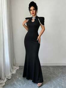 Elenzga Damen-Modekleid mit Stickerei, vielseitig, Froschknopf und Fischschwanz-Saum - Schwarz - Übersicht 5