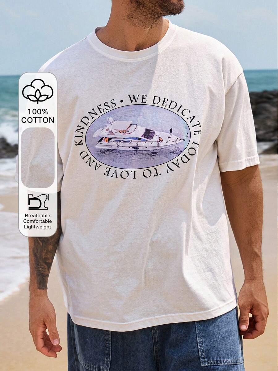 DAZY Men's Short Sleeve T-Shirt With Yacht & Letter Print Graphic Tee Summer - White - View 1
