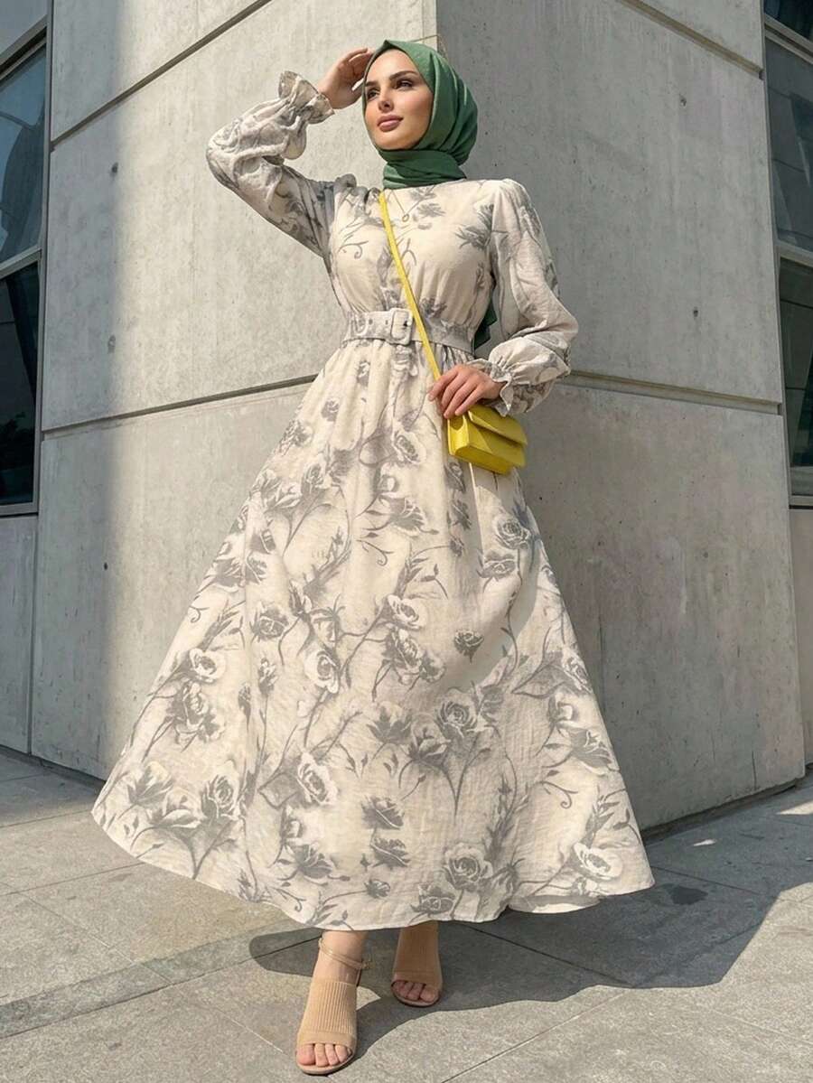 DAZY Vestido elegante de mujer con estampado floral, cuello redondo y mangas acampanadas - Gris - Ver 1