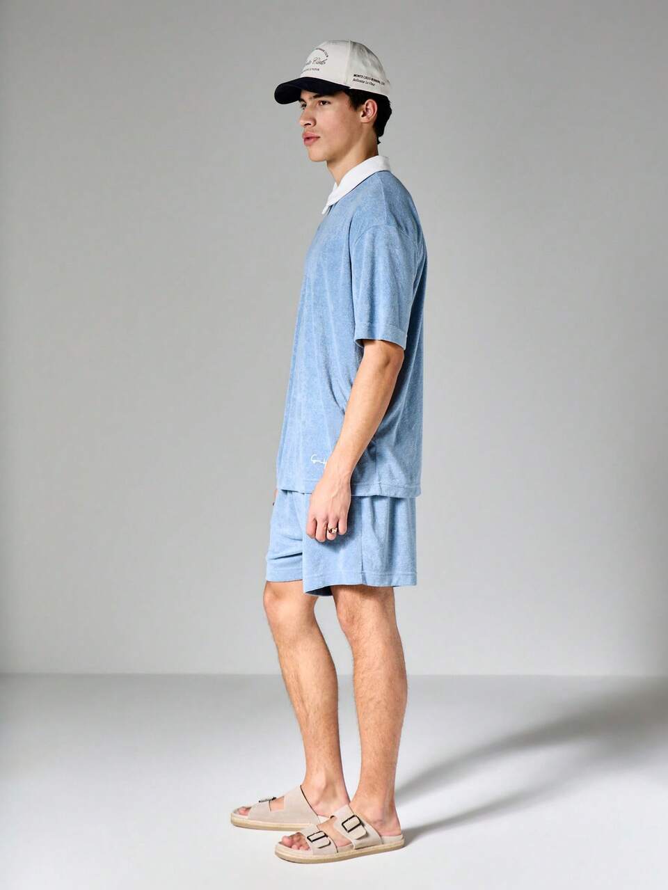 Light Blue Terry Polo Shirt And Matching Shorts Two Piece Co Ord Set With Contrasting White Collar Design Summer Casual Outfit