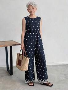 FRIFUL Women's Summer Daisy Round Neck Sleeveless Wide Leg Jumpsuit - Navy Blue - View 2