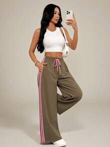 SHEIN PETITE Women's Gray Casual Loose-Fit Athletic Pants With Side Stripes And Elastic Waistband-A Fun Autumn,Petite Women Gym - Brown - View 6