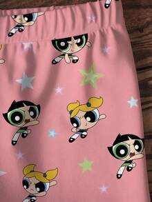 THE POWERPUFF GIRLS X SHEIN 2件套 女童花朵、泡泡、毛茛图案撞色短袖T恤和短裤套装 - 白色 - 查看 6