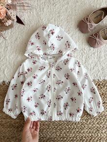 SHEIN 女嬰 0-3歲 1件 春秋休閒風 幼童長袖花卉印花簡約連帽上衣，舒適衣物適合戶外活動 - 彩色 - 查看 7