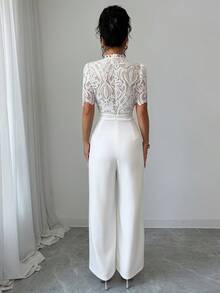 Elenzga 2026 Spring/Summer Elegant Outing & Date Multi-Occasion Small Stand Collar Lace Embroidered Patchwork Jumpsuit - White - View 2
