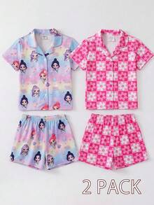 SHEIN 夏季女童幼童粉紫色阻燃牛奶絲面料甜美可愛音樂搖滾女孩印花短袖短褲舒適2件套家居服2件套 - 紫色 - 查看 3