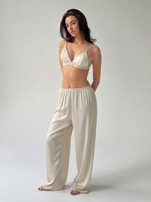 Livesso Solid Color Spaghetti Strap Adjustable Bra Loose Straight Leg Long Pajama Pants Lace Patchwork 2pcs Set Summer Wear Women's Pajama Set - Beige - View 7