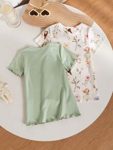 SHEIN Vintaside Kids 春夏季綠色可愛仙女圖案女嬰睡衣套裝，2件組，短袖搭配荷葉邊袖口與下擺 - 綠色 - 查看 2