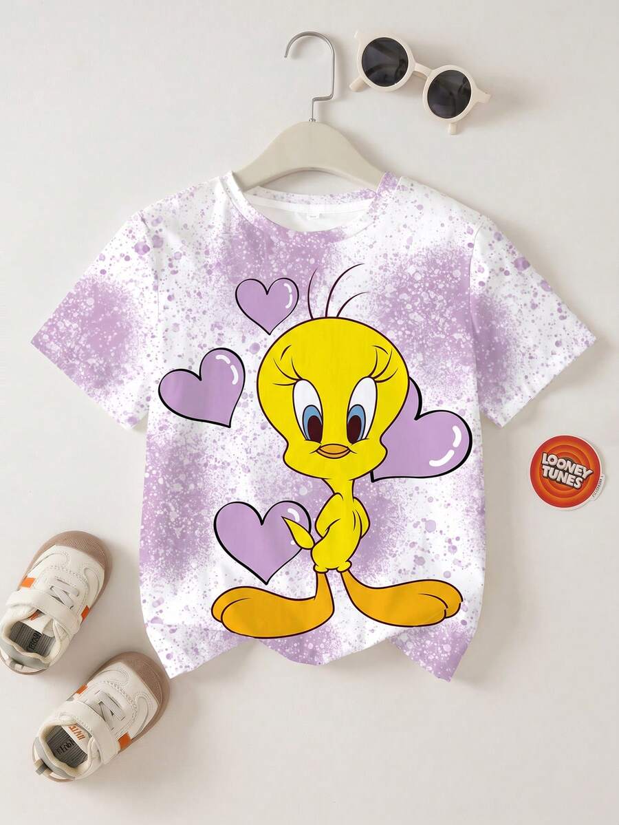 LOONEY TUNES X SHEIN 青少年女孩卡通印花圓領短袖休閒T恤 - 白色 - 查看 1