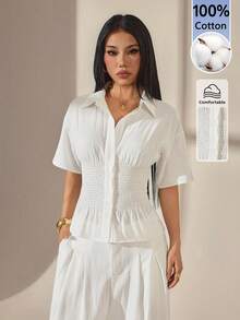 SHEIN PETITE 2026女款春夏度假風白色編織短袖襯衫，手工繫帶開襟領，職場休閒優雅通勤度假風，適合嬌小女性 - 白色 - 查看 3