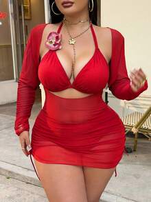 Swim SXY Setelan Baju Renang Wanita 3 Potong Ukuran Plus dengan Hiasan Bunga, Warna Polos, Seksi - Merah - View 5