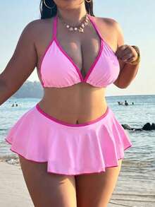 Swim SXY 大尺碼女款兩件式性感海灘裝夏季套裝：細肩帶波點印花上衣搭配對比色荷葉邊比基尼泳褲，比基尼套裝 - 粉色 - 查看 2
