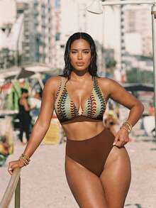 Swim Vcay Plus Size Women Summer Beach Patchwork Bikini Top And Triangle Bottoms Swimwear Set - Multicolor - View 4