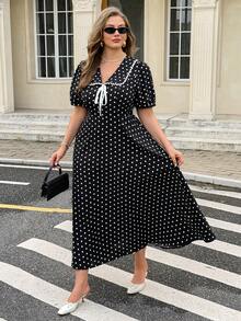 Easura Plus Size Women's Summer Elegant Casual Design Black And White Lace Patchwork Lapel Short Sleeve Bow Tie Waist Cinched Long Dress Tea Party Evening - Black - View 5