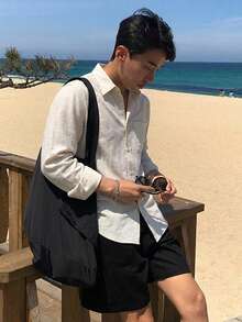 DAZY 長袖素色卡其色寬鬆版型男士襯衫 - 卡其色 - 查看 6
