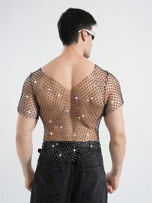DSELFIQUE Herren glänzendes Strass-Fischernetz T-Shirt, sexy transparentes Mesh Rave, Musikfestival Kurzarm, Party Nachtclub Kleidung - Schwarz - Übersicht 2