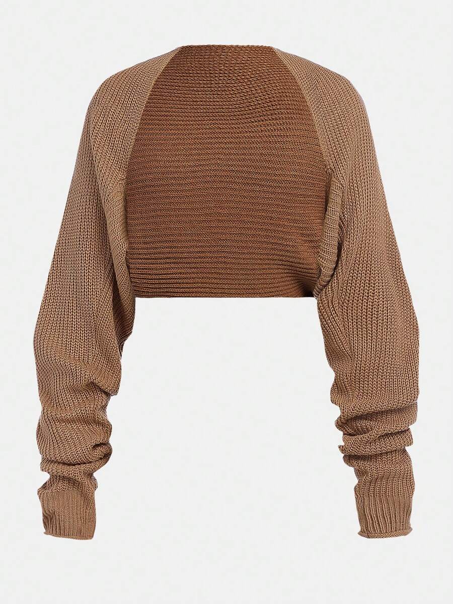 SHEIN Girlism Áo khoác cardigan ngắn thường ngày màu nâu cho bé gái tuổi teen, dệt kim có họa tiết, đa năng và nhẹ, chống nắng - Màu Khaki - Xem 1