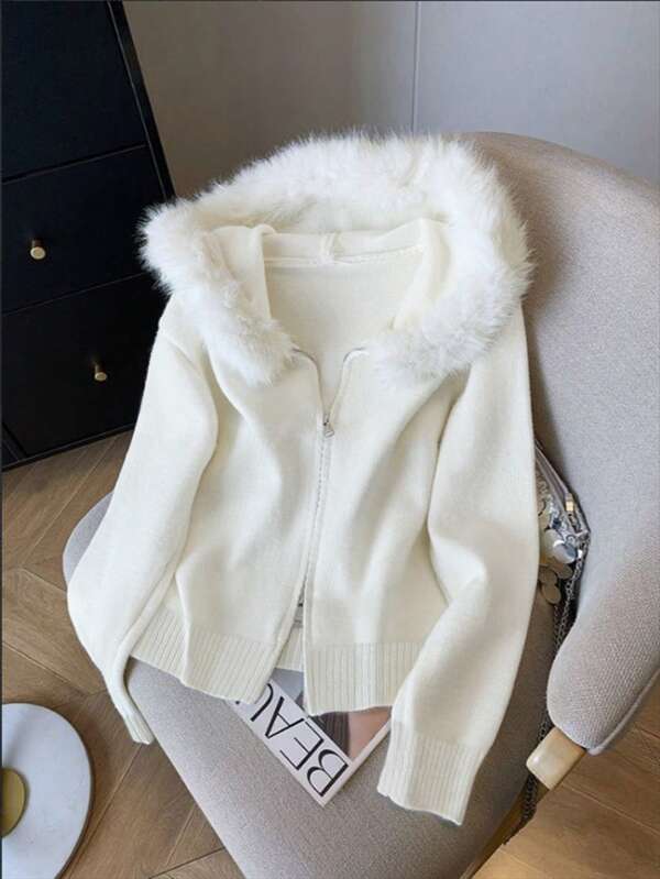 GlowEve Plush Hooded Zip-Up Solid Color Minimalist Cardigan For Women