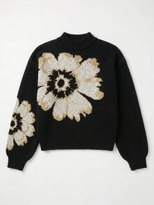 CAJUNI Pull à manches longues imprimé floral décontracté et polyvalent pour femme, pour tous les jours - Noir - Voir 7