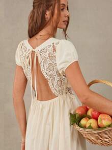 WESTFADE Women's Woven V-Neck Lace Patchwork Tie Front & Back Puff Short Sleeve Fitted Waist Long Dress - Apricot - View 1