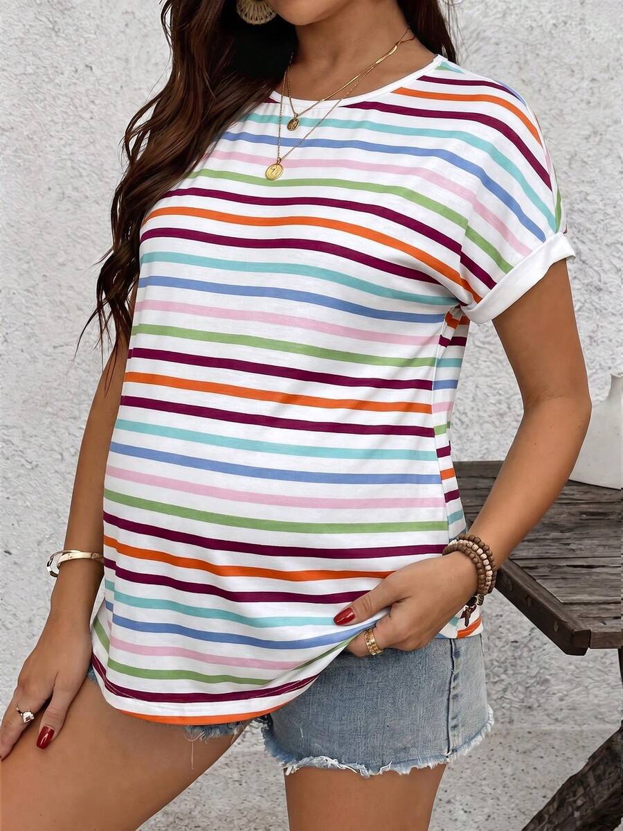 SHEIN Maternity Round Neck Short Sleeve Colorful Striped T-Shirt - Multicolor - View 1